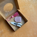 Mini high precision sewing kit with scissors, pink tassel and leather case in brown kraft box - Pink Fringe Style