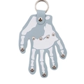 Macro view of light blue leather skeleton hand keychain with metal rivets decoration - 15.3*11.6cm / Blue