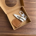 Mini scissors set with white clip, carabiner, and brown faux leather case in a craft box - Hook Style / Dark Brown