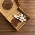 Mini high precision scissors set with white shear, brown leather case and D-hook in gift box - Hook Style / Coffee