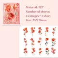 Iridescent red rose PET stickers for scrapbooking decor, 15 vintage floral patterns - Romantic Red