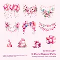 Pink watercolor holiday party PET stickers with balloons and cakes for DIY decor - Floral Shadow Party