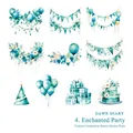 Green Secret Party theme PET stickers featuring watercolor cake and balloon designs - Secret Realm Party