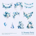 Blue watercolor PET stickers featuring party balloons and floral designs, 10 sheets pack - Beautiful Dream Party