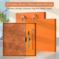 Amber brown A5 leather notebook set with orange pen and gift box packaging - Gift Box / Brown / A5