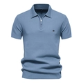 Herren Poloshirt in Hellblau gestreift mit Reißverschluss und Wabenstruktur-Gewebe - Himmelblau