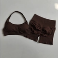 Coffee brown halter neck yoga set with high waist scrunch butt seamless shorts - S / Distilled Coffee