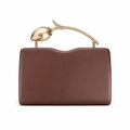 Close-up of golden rose bud metal handle on brown lychee pattern leather clutch bag - Tan
