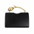 Elegant black PU leather evening clutch bag with unique gold tulip floral metal handle - Black