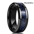 Detailed close-up of a black stainless steel ring with blue Celtic dragon inlay motif - US 6 / Black Blue Black