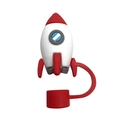 Red and white cartoon rocket silicone straw cover cap with anti-loss strap for 10mm straws - Rocket Style (4)