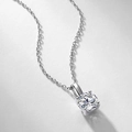 Classic silver S925 necklace with round brilliant cut lab diamond in 4-prong setting - 925 Silver White Gold Plated / Lab-Grown Diamond Necklace (Main Stone 6.5MM VS EF)