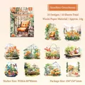 Watercolor gardening stickers set with greenhouse and floral designs on washi paper - Sunshine Greenhouse