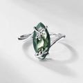 Artistic S925 silver ring with marquise moss agate stone and dragonfly detail - US 6 / Silver