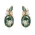 Elegant gold plated S925 silver stud earrings with oval moss agate and opal stones - 925 Silver / Green Moss (10K Gold Plated)