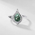Elegante anillo de ágata musgosa verde con halo de diamantes en plata S925 - US 6# / Plateado