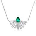 Elegante collana in argento sterling S925 con pendente smeraldo a goccia e dettagli a ventaglio - Argento 925 / Smeraldo coltivato in laboratorio