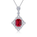 Collier de luxe en argent S925 avec pendentif rubis taille émeraude et diamants - Style Rubis de Culture (PD025205) / Argent 925