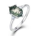 S925 sterling zilveren ring met zeshoekige groene mosagaat en zijdelingse diamanten - HK11# / Hoofdsteen 6*10mm / Zilver