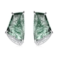Pendientes de ágata musgo natural en plata S925 con grabado detallado en forma de abanico - Plata 925 / Ágata de Musgo - Plata Gruesa Bañada en Oro Blanco