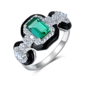 Art Deco S925 silver ring with emerald-cut green gemstone and black enamel detail - HK13# / Lab-Grown Emerald - Thick Silver White Gold (RG025206)