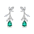 Elegant S925 silver leaf earrings with pear-cut emerald green gemstone and cubic zirconia - 925 Silver / Lab-Grown Emerald Drop Earrings (ER025377)