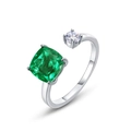 Elegant 925 silver open ring with cushion-cut emerald green and round white gemstones - Adjustable Open / Lab-Grown Emerald