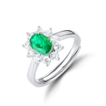 Elegant S925 silver open ring featuring an oval lab-grown emerald with halo zirconia - Adjustable Open / White Gold