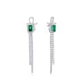 Orecchini a fiocco in argento S925 con gemma verde taglio smeraldo e nappe lunghe mobili - Oro Bianco