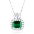 Luxurious emerald cut green gemstone pendant necklace with halo diamond setting in silver - 925 Silver / Lab-created Emerald & Zirconia