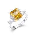 Three-stone ring with rectangle yellow central stone and triangle side gems on silver band - US 8# / Yellow High Carbon Diamond