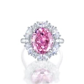 Sparkling S925 silver ring with large pink oval gemstone and cluster diamond halo - US6# / Silver