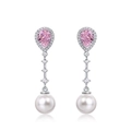 S925 silver drop earrings with pink pear-cut gems, diamonds, and white round pearls - 925 Silver / Light Pink Zirconia (ER015771)