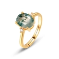 Eleganter vergoldeter S925 Silberring mit ovalem grünem Moosachat und kleinen Diamanten - Einstellbar Offen / 10K Gold + Elektrophoretischer Lack
