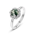 S925 Silber Moosachat Ring mit floralen Zirkon Akzenten in einer 45-Grad-Ansicht gezeigt - Einstellbar Offen / Moosachat