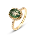 Vintage S925 silver oval moss agate ring with halo diamonds in gold finish - US8# / 10K Gold + Electrophoretic Lacquer