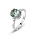 Verstellbarer S925 Sterlingsilber Ring mit ovalem Moosachat und Zirkonia - Einstellbar Offen / Dickes Silber Weißgold