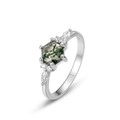 S925 silver ring featuring a hexagon moss agate and white zircon side stones - US8# / Silver