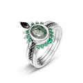 Juego de tres anillos de plata S925 con ágata musgosa verde y detalles negros - US8# / Oro Blanco Plata Gruesa