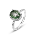 Vintage S925 silver ring featuring oval green moss agate with a halo of white stones - US8# / Thick Silver White Gold