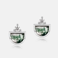 Pendientes de plata S925 con ágata musgosa semicircular y circón redondo pequeño - Plata 925 / Oro Blanco Plata Gruesa