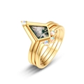 Three-piece S925 silver moss agate ring set with kite-shaped stone and V-shaped bands - US8# / Gold