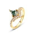 Kite-cut moss agate ring in gold finish with sparkling pavé-set side stones on white backdrop - US8# / Gold