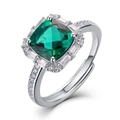 Anillo de esmeralda en plata S925 con halo de diamantes y banda abierta ajustable - Abierto Ajustable / Esmeralda Creada en Laboratorio (Cojín Cuadrado 8*8MM) RG023403