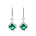 Elegant S925 silver drop earrings with square emerald gemstones and pavé halo diamonds - 925 Silver / Green