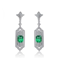S925 Sterling Silver Emerald Cut Drop Earrings with Art Deco Halo Design and White Zirconia - 925 Silver / Lab-Grown Emerald