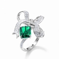 S925 silver lab-grown emerald ring with a diamond-encrusted bow design on white background - HK14# / Lab-Grown Emerald