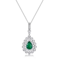 Elegant pear-cut emerald pendant with halo diamonds on polished silver chain - 925 Silver / Synthetic Emerald (With Chain)