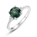 Anello in agata muschiata naturale in argento S925 con diamanti laterali lucidi - US9# / Argento Spesso Oro Bianco (Taglio Rotondo)