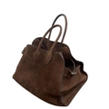 Large dark brown suede tote bag with side buckles for versatile commuting and travel use - Coffee